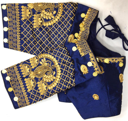 Navy Blue color silk codding work sarees blouse