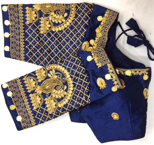 Navy Blue color silk codding work sarees blouse