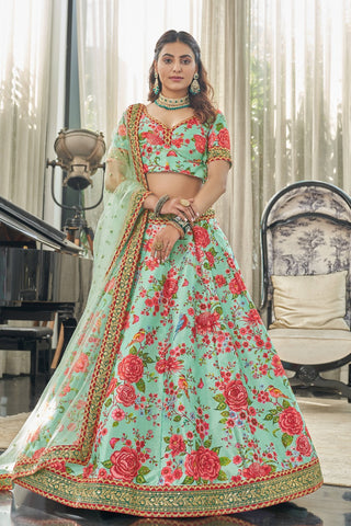 Mint red silk lehenga online