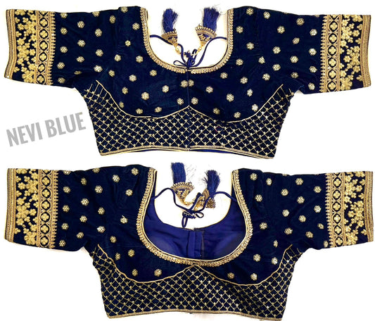 Navy blue color Velvet Blouse with saree for women
