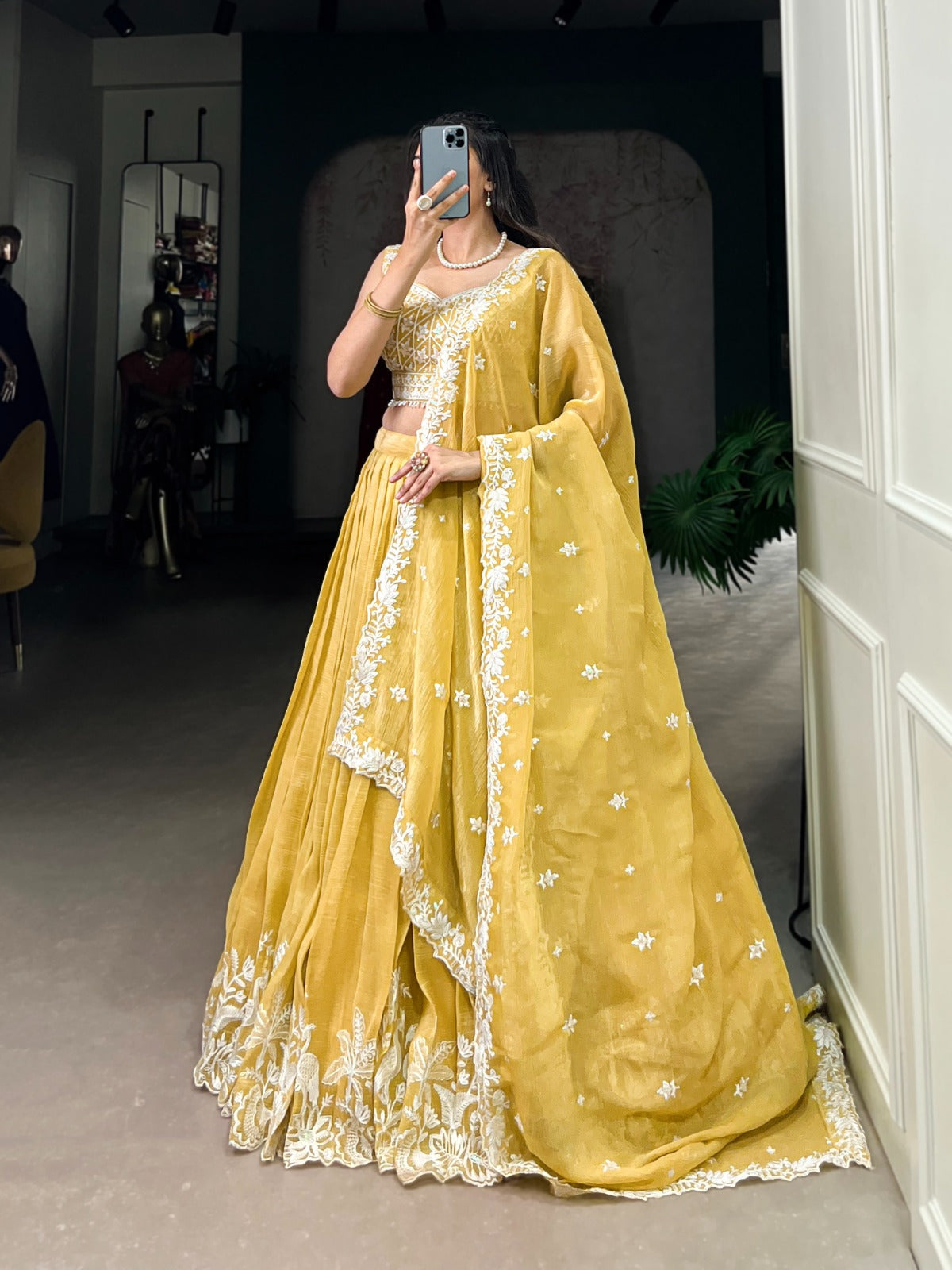 Yellow color gold crush lehenga choli with dupatta
