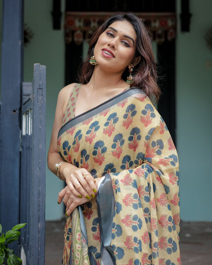 Beige color linen printed saree with blouse price