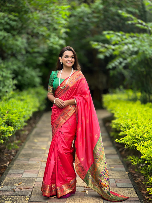 Pink color paithani silk saree for women
