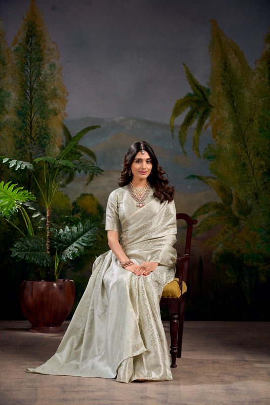 Off white color kanjivaram saree for wedding