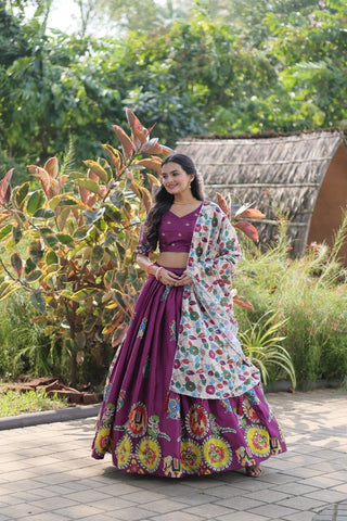 Purple Printed silk lehenga choli