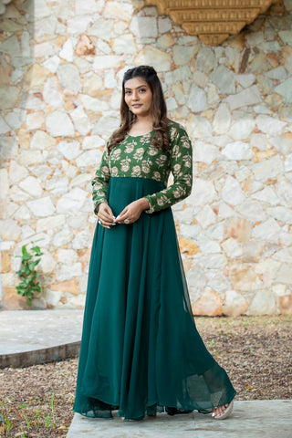 Long sleeve green georgette gown for women
