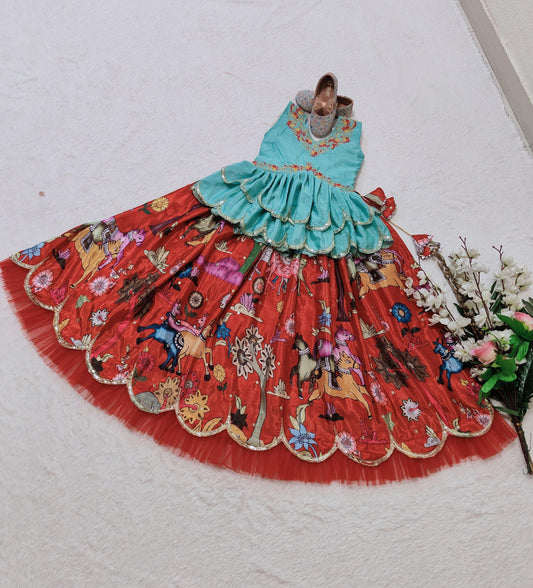 Red color chinon silk lehenga choli for small girls images
