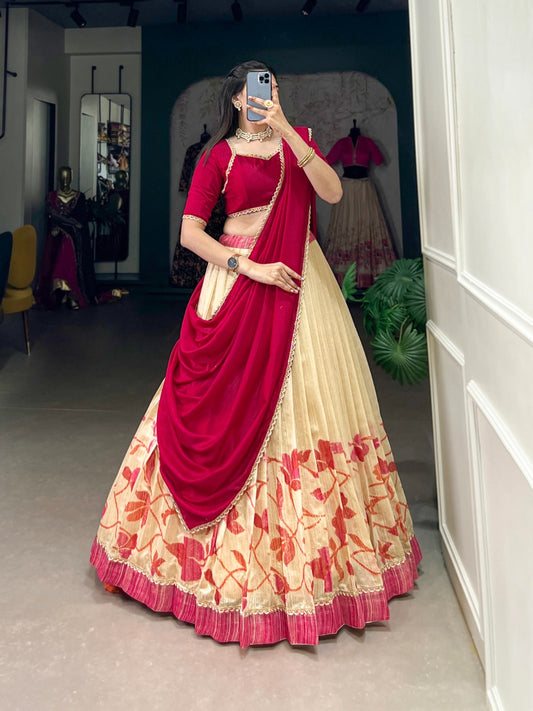 Red color silk printed lehenga choli for women