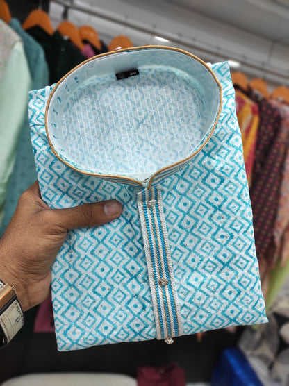 Sky color embroidery work kurta for party 