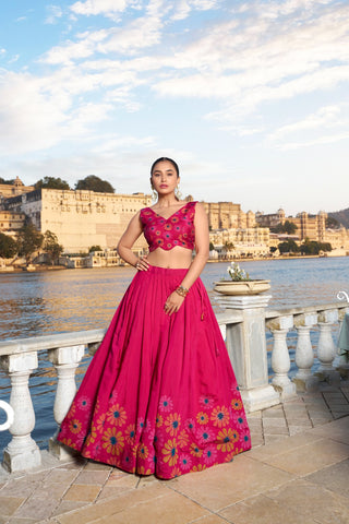 Pink color tussar silk printed lehenga choli