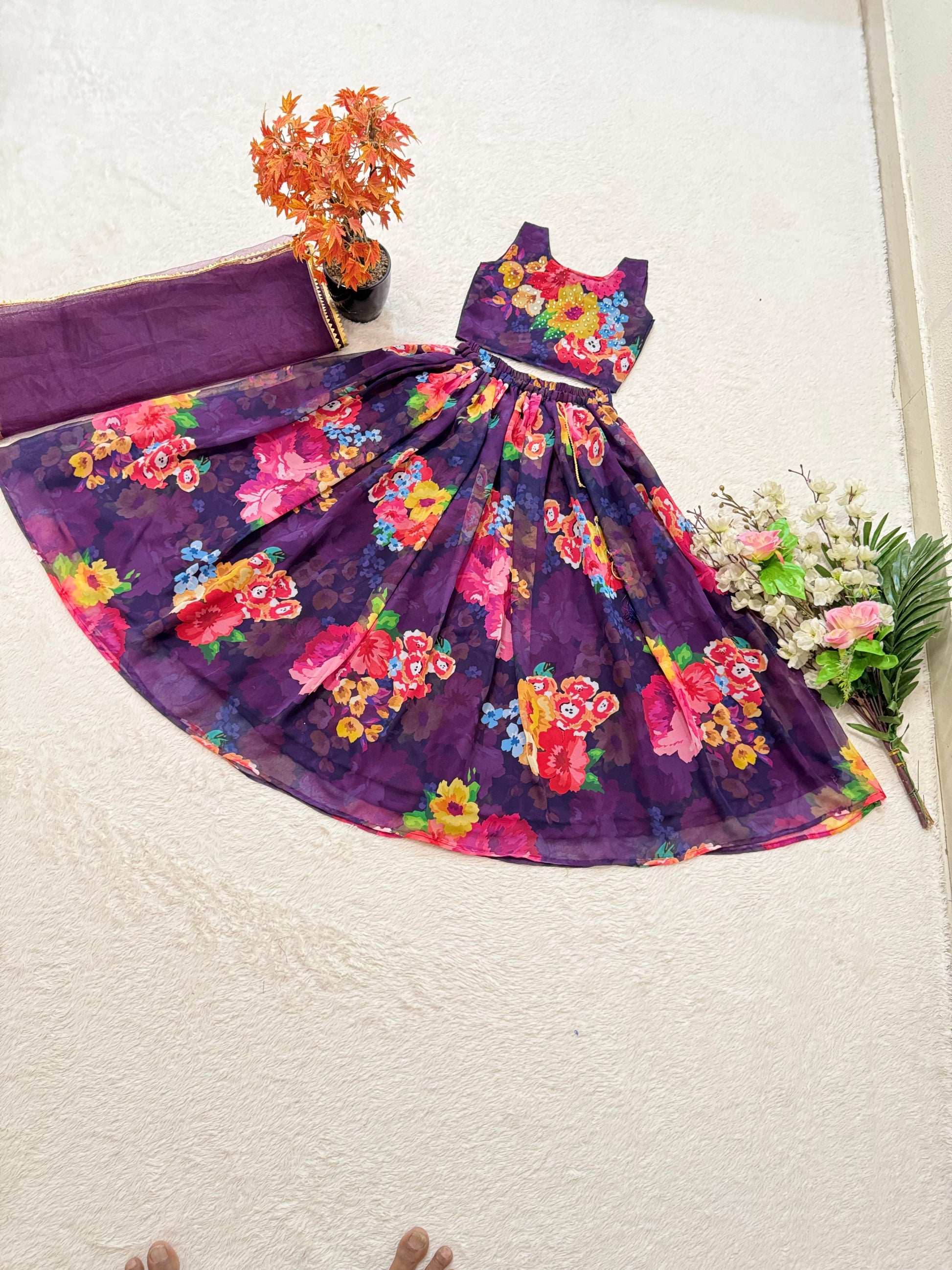Purple color georgette lehenga with top for small girls online shopping
