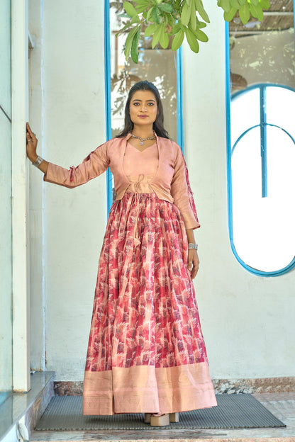 Peach color soft silk long gown with koti 