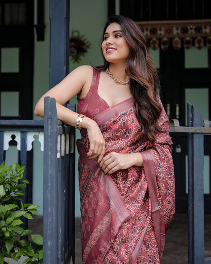Maroon color linen printed saree for wedding
