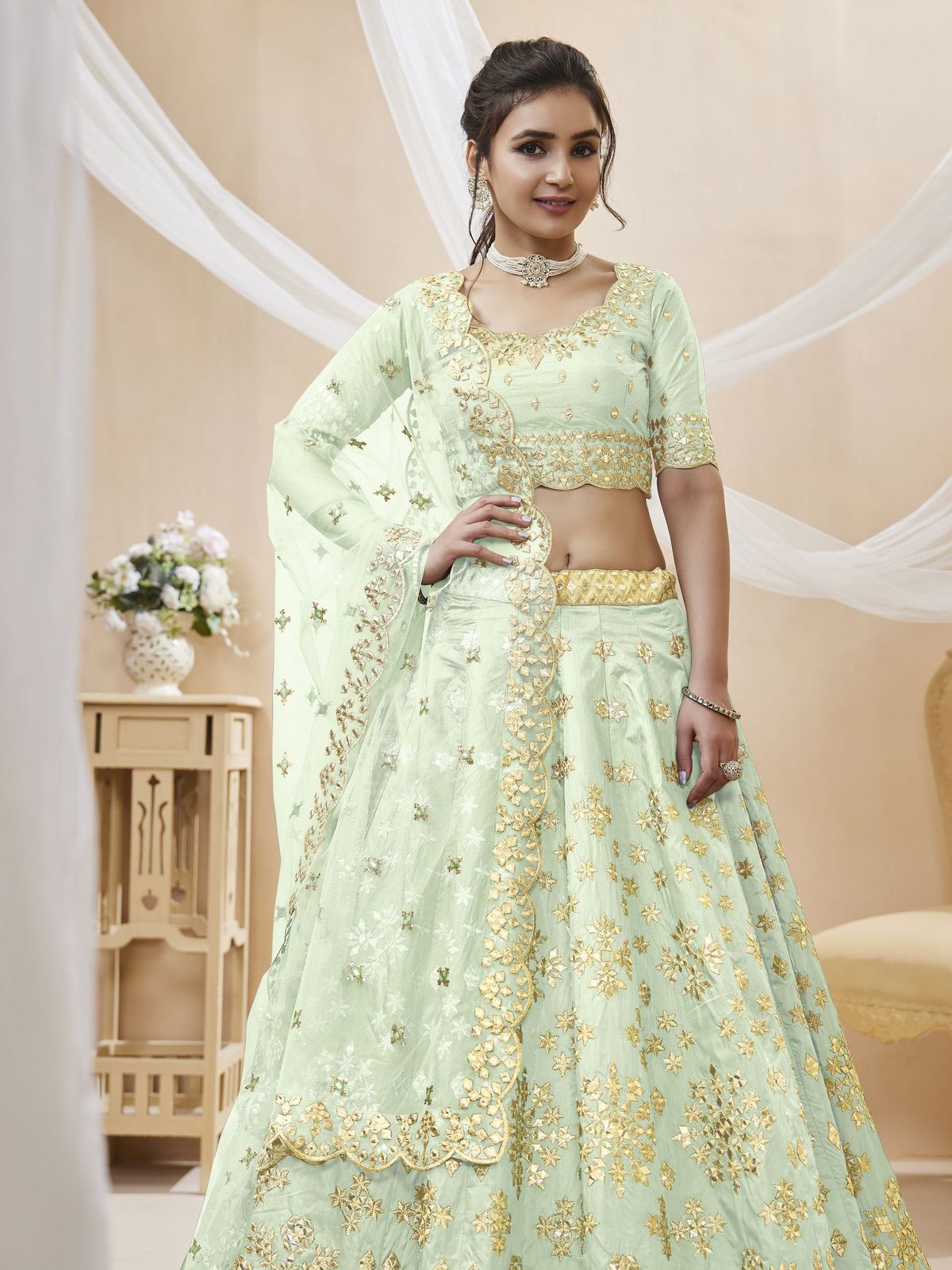 Simple art silk pista lehenga
