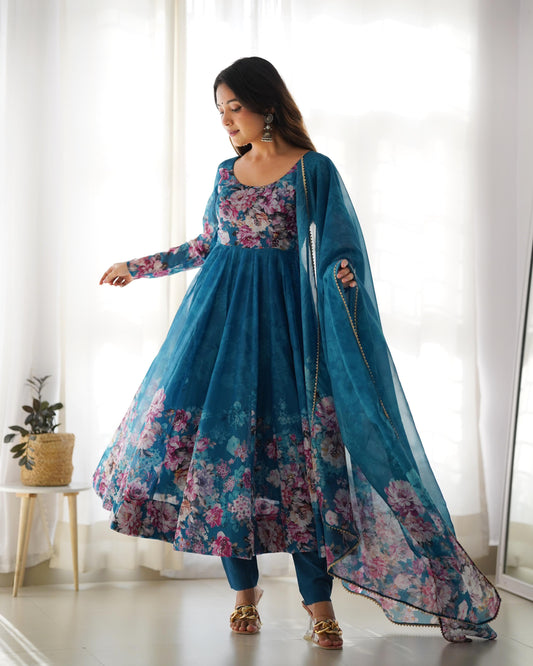 Teal color organza silk salwar suit for women