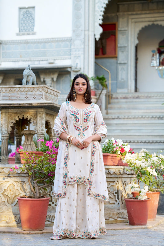 White color vichitra silk sharara suit