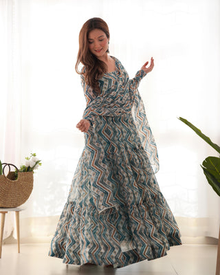 Long blue zigzag print gown for women
