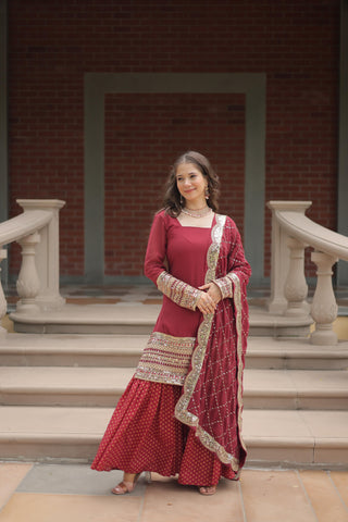 Maroon color georgette sharara suit for women with dupatta
