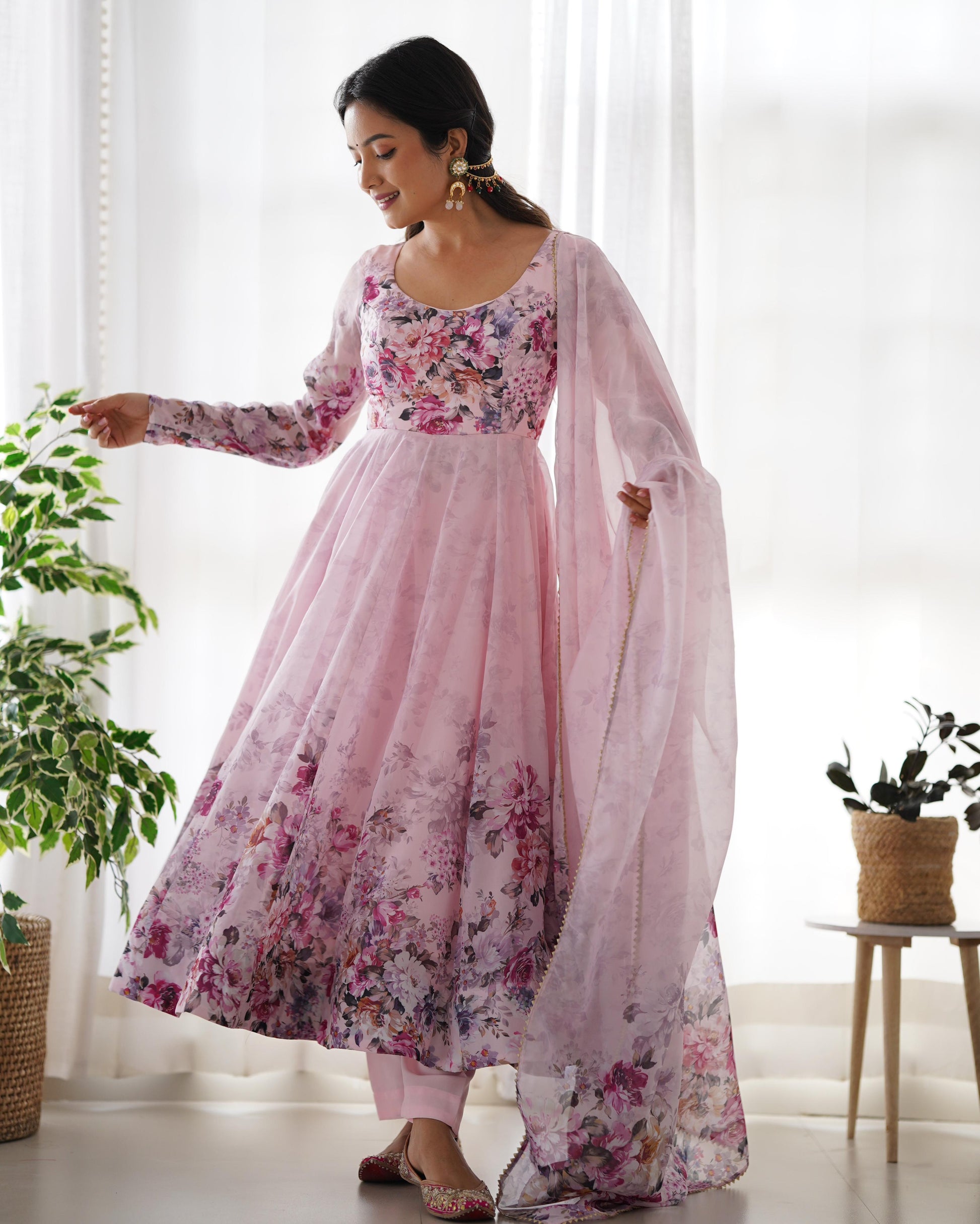 Pink color organza silk salwar suit for women