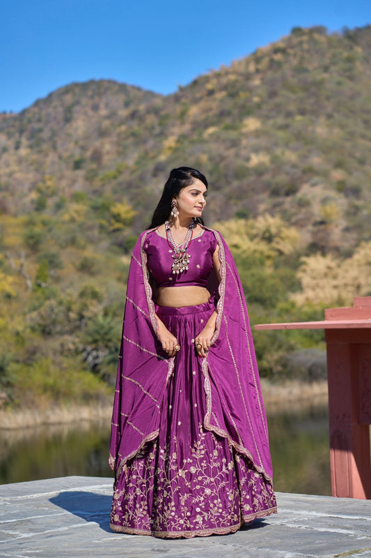 Wine color chinon lehenga choli