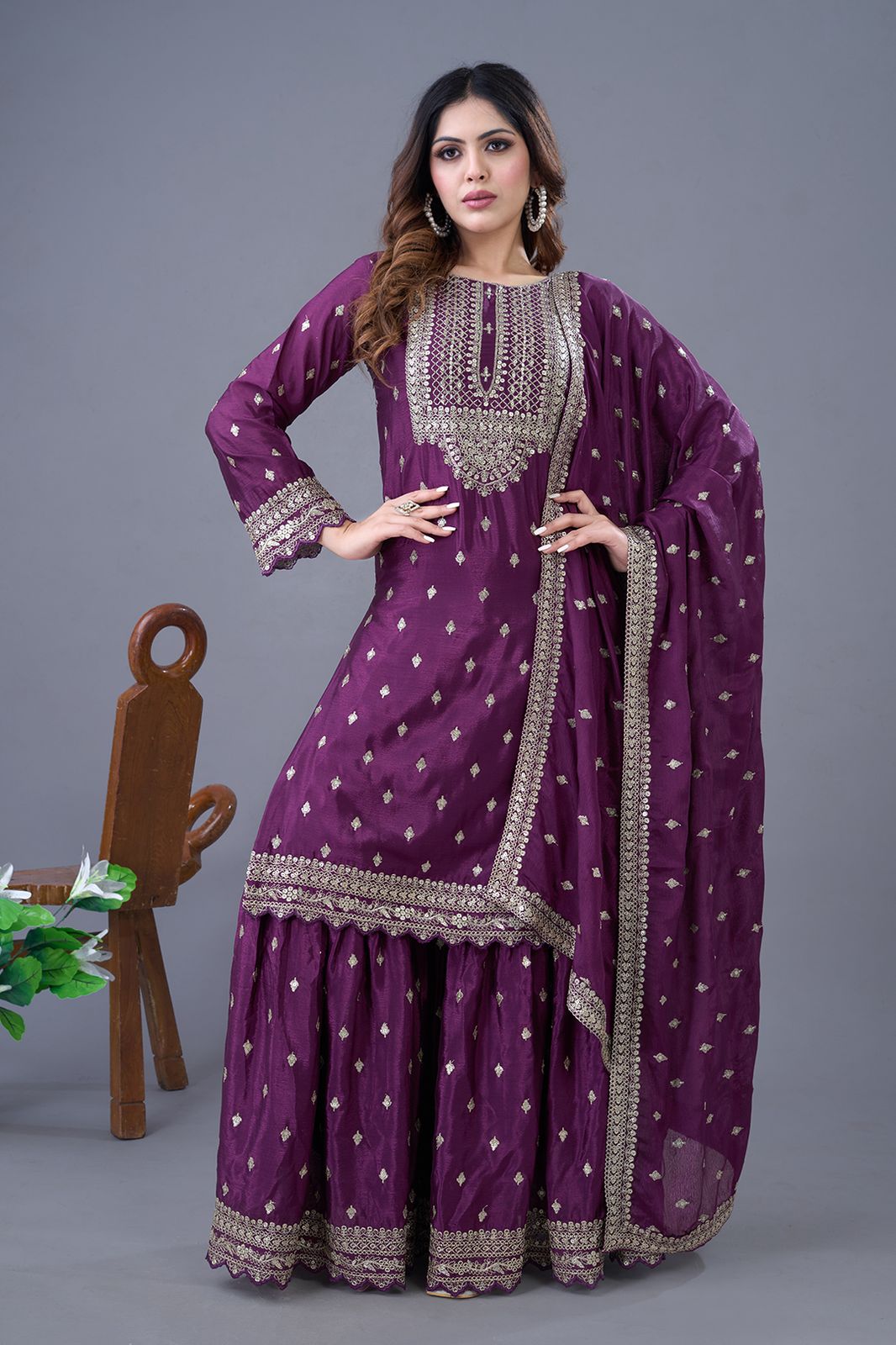 Purple color chinon silk sharara suit for women