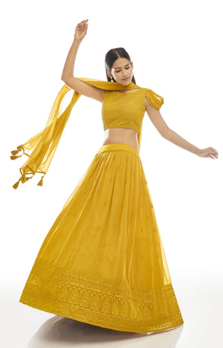 Mustard yellow georgette lehenga choli with dupatta