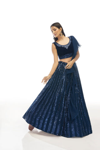 Blue velvet lehenga choli with dupatta