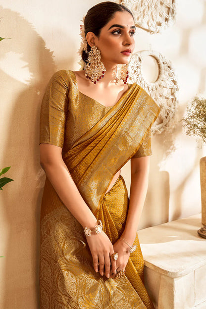 Yellow color soft silk saree with blouse online