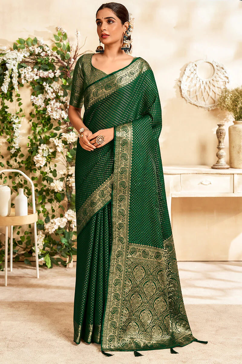 Dark green color soft silk saree for women
