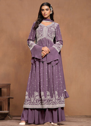 Purple georgette sharara suit with dupatta
