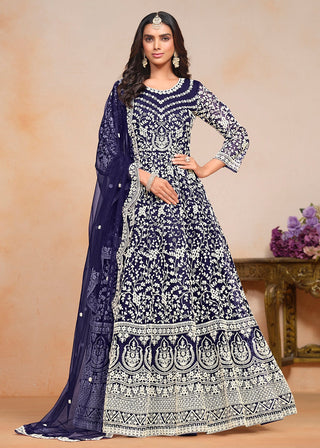 Long sleeve navy blue color net gown for women
