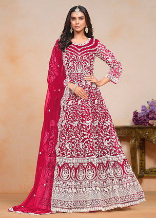 Long sleeve pink color net gown for women
