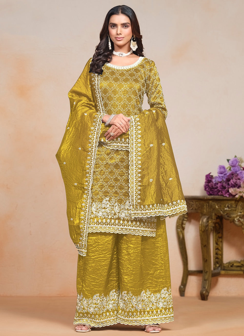 Mustard color crushed silk sharara suit for women price
