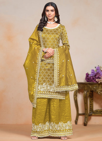 Mustard color crushed silk sharara suit for women price

