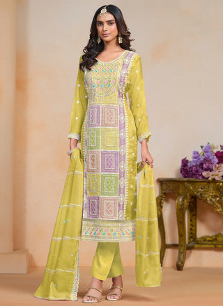 Yellow color organza salwar suit for women with dupatta
