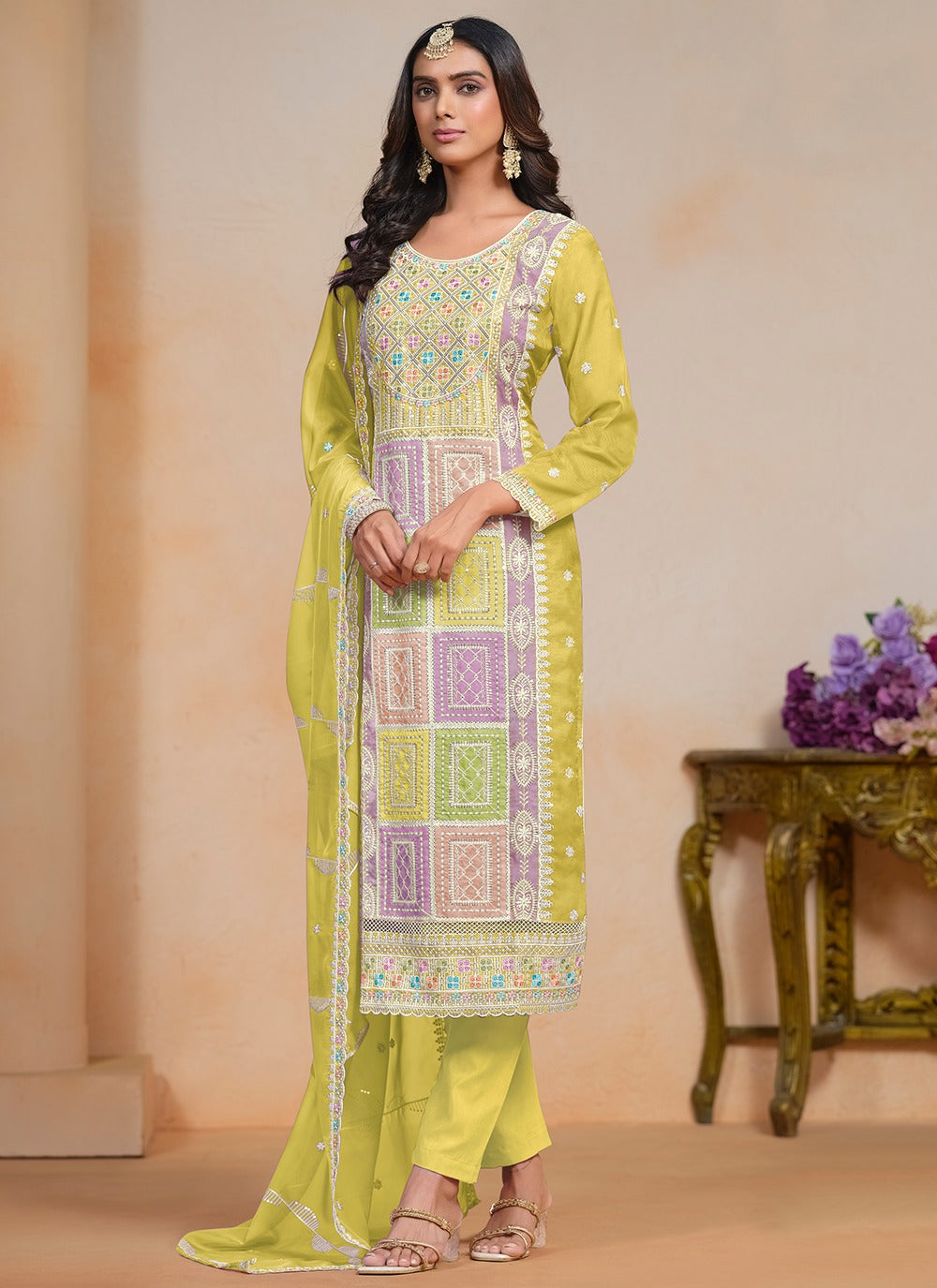 Yellow color organza salwar suit for women price
