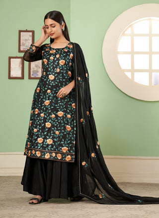 Black color georgette sharara suit for women with dupatta
