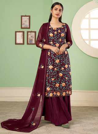 Maroon color georgette sharara suit for women with dupatta
