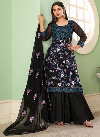 Black color georgette sharara suit for women with dupatta
