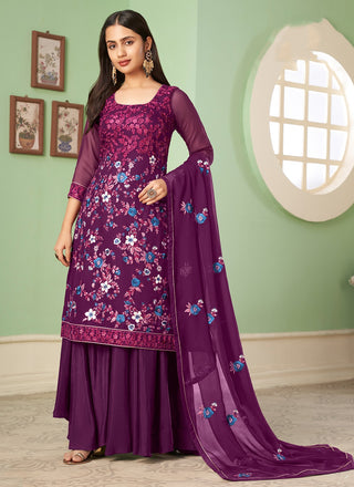 Wine georgette sharara suit for women with dupatta
