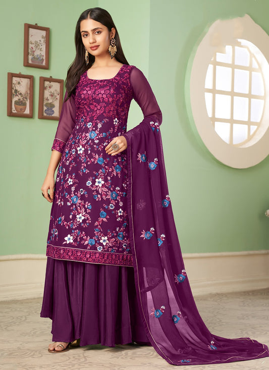 Wine georgette sharara suit for women with dupatta
