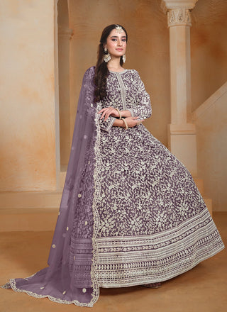 Lilac soft net long gown for women