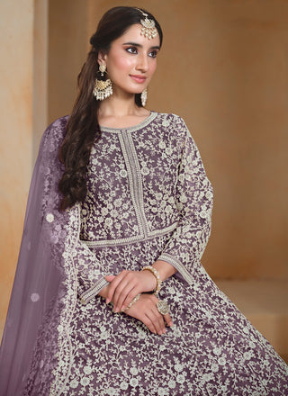 Lilac soft net long gown with dupatta online