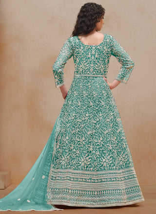 Wedding wear Rama color soft net embroidery work gown online