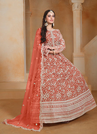 Orange color embroidery work salwar suit images