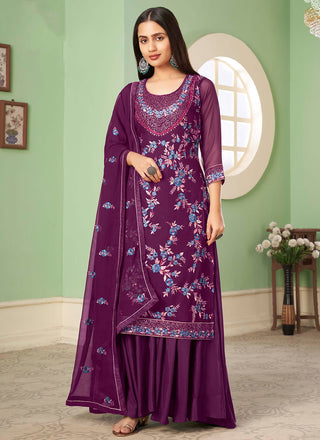 Wine georgette sharara suit for women with dupatta
