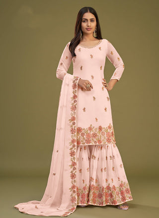 Peach color georgette sharara suit for women with dupatta
