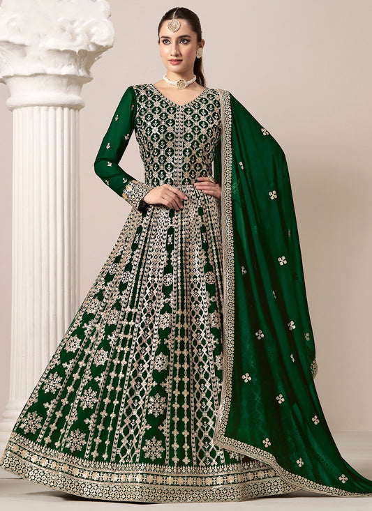 Long green georgette gown for women
