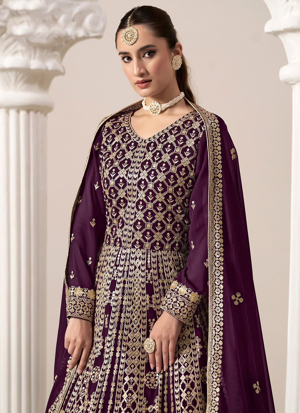 Wine color georgette long gown online shopping