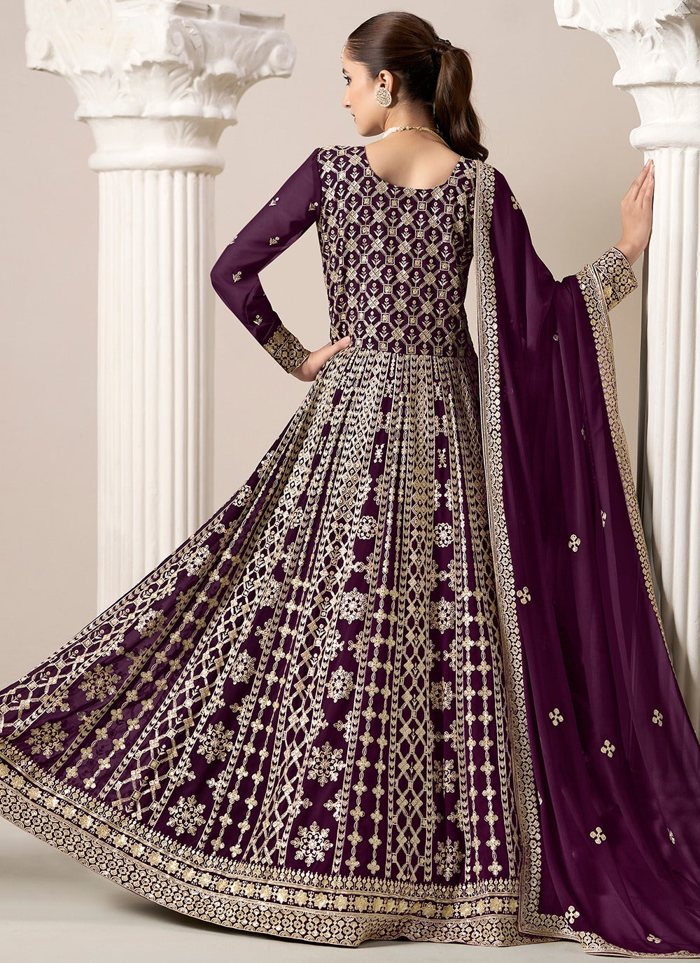 Wine color georgette long gown and full sleeves online 